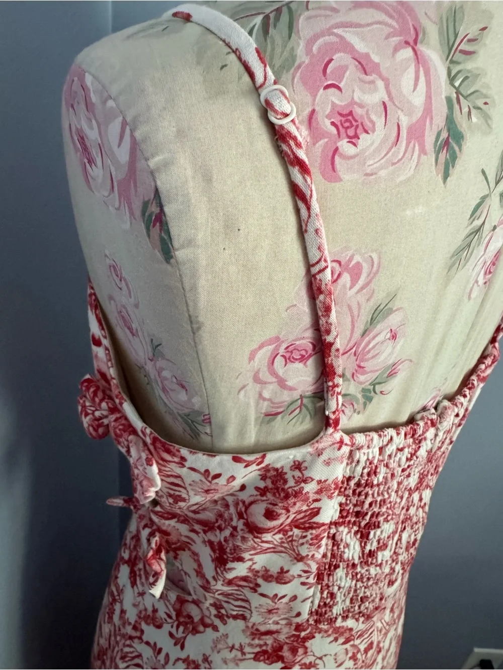 Wayf Red and Cream Floral Print Midi Dress with Cutout and Bow Details